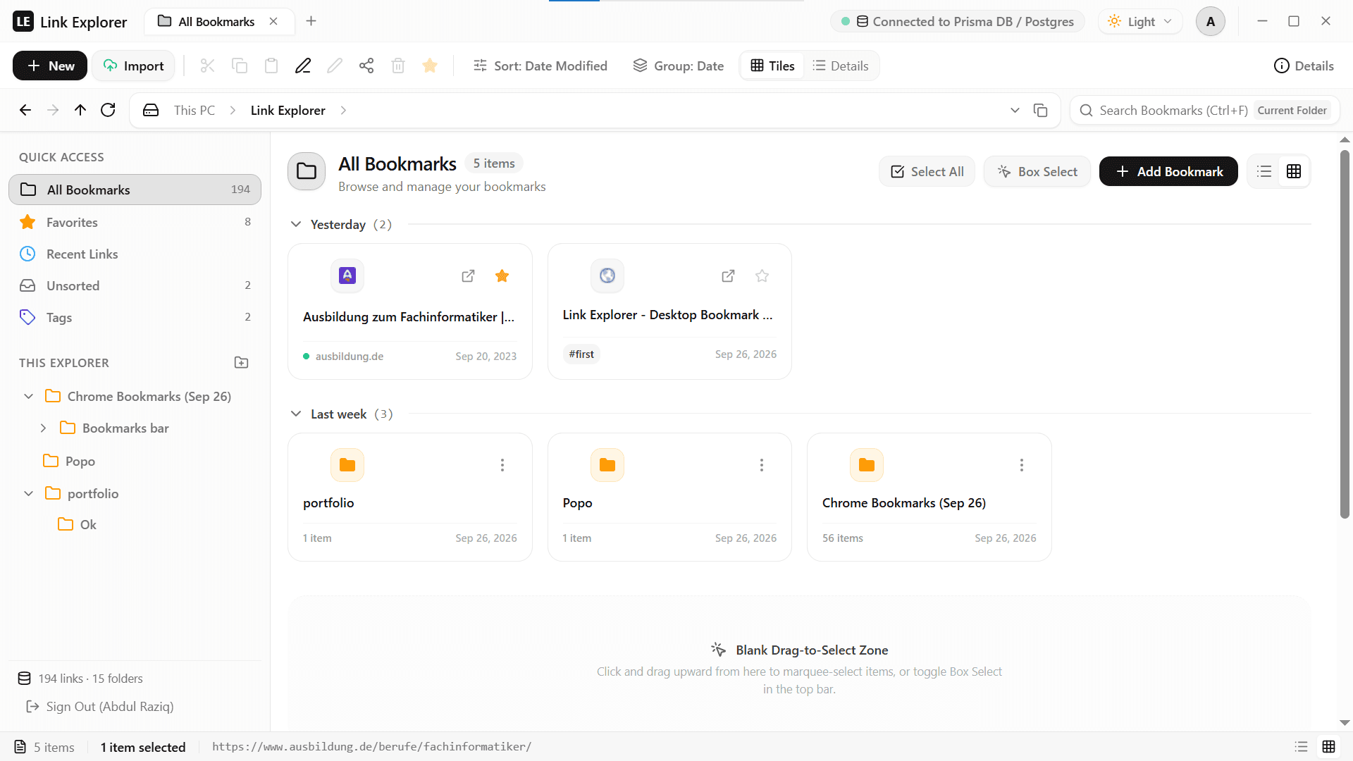 Traffilio — Link Explorer desktop interface showing folders, bookmarks and inspector